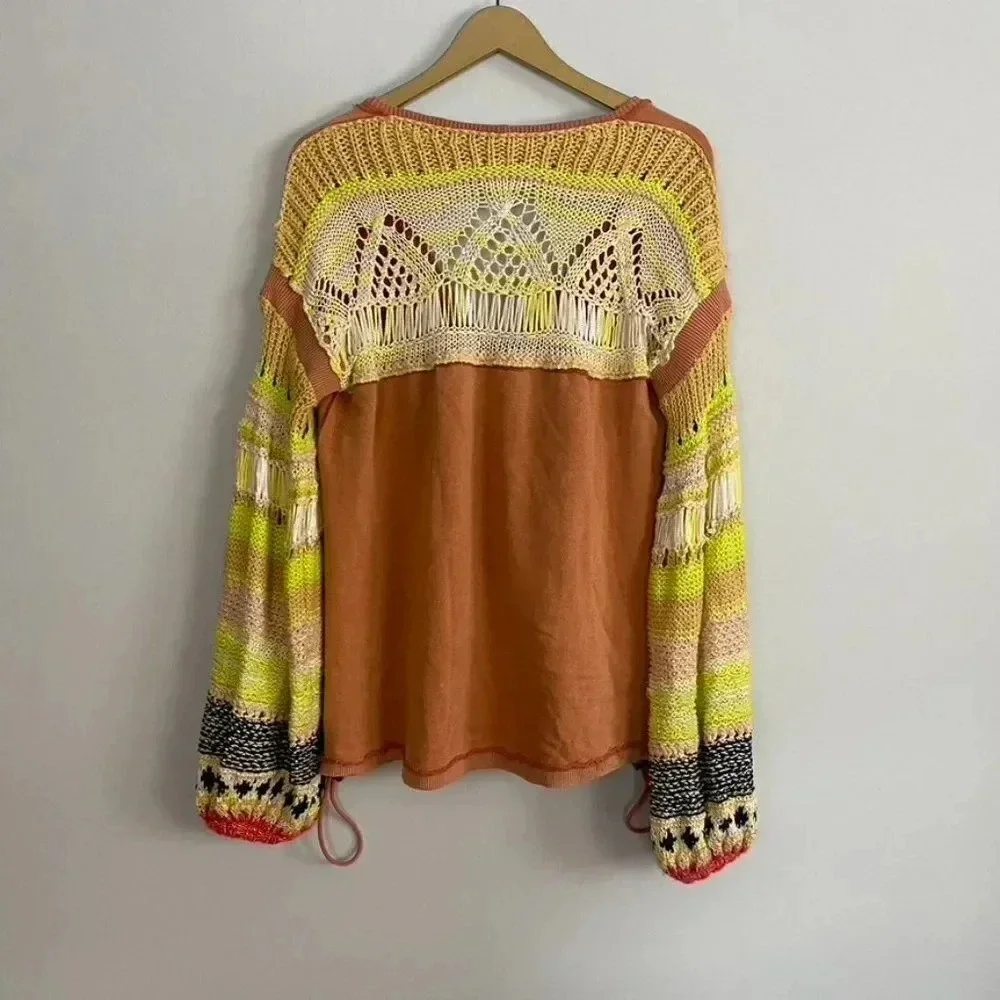 Free People Oversized Crochet Sleeves Sweater